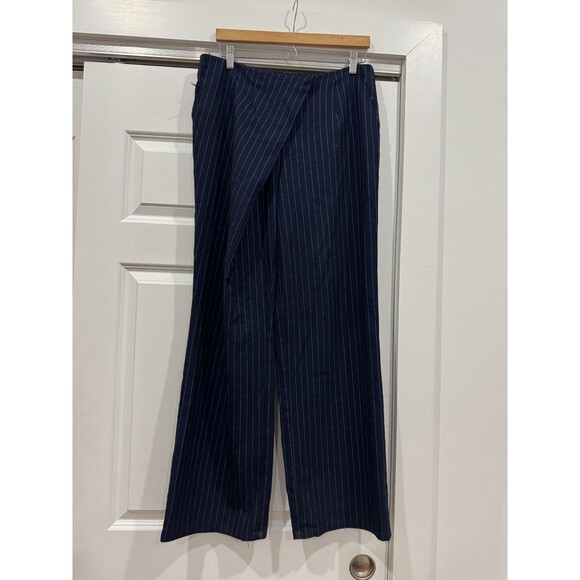 Saemdi Womens Navy L Pinstripe Overlapping Twill Free People Wide Leg Pants - Picture 1 of 11
